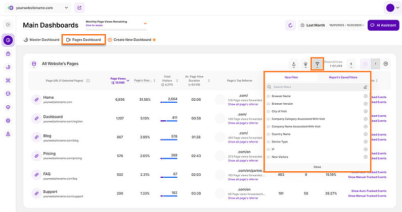 Apply Filtering to Pages Dashboard