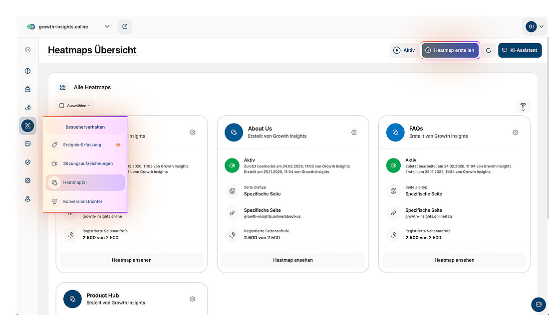 Screenshot der Plattform, der zeigt, wo eine neue Heatmap in der Heatmaps-Übersicht erstellt werden kann