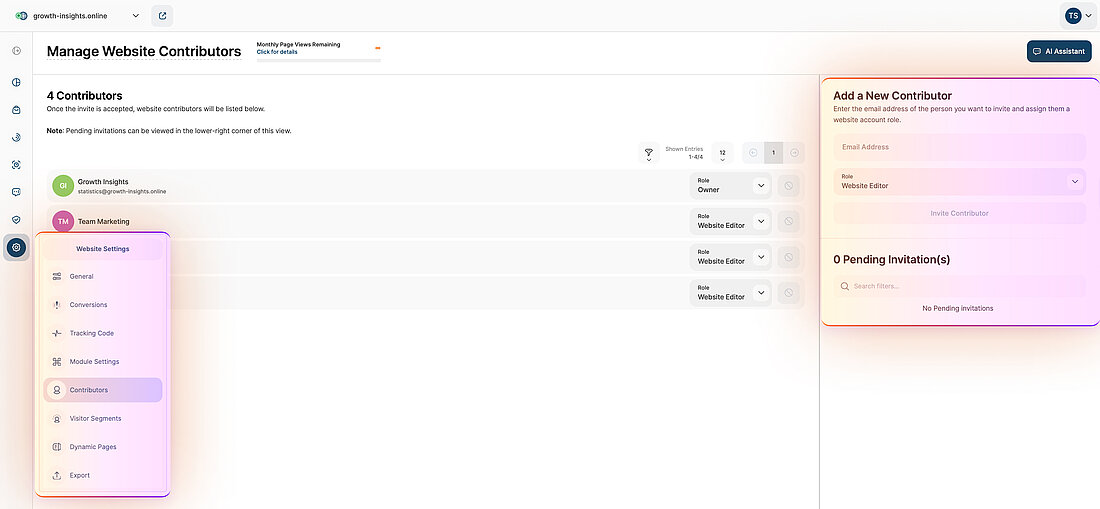 Platform screenshot showing navigation to the Contributors section and the panel for adding a new collaborator and assigning access roles
