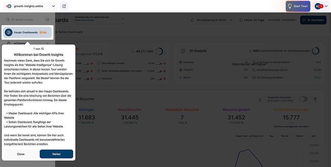 Screenshot der Plattform, der den ersten Schritt der Dashboard-Tour mit einem einführenden Overlay zeigt, das die wichtigsten Dashboards und die Navigation erklärt