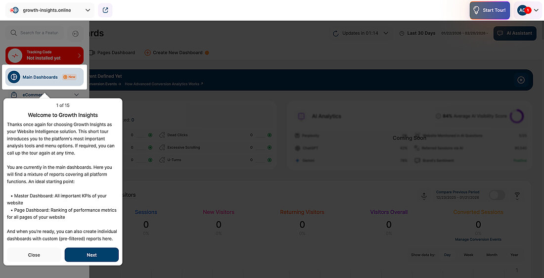 Platform screenshot showing the first step of the dashboard feature tour with an introductory overlay explaining key dashboards and navigation