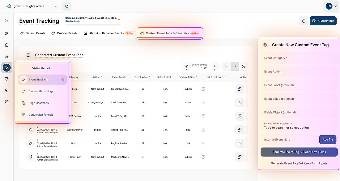 Platform screenshot showing navigation to Event Tracking and the Custom Event Tags and Generator panel for creating a new custom event tag